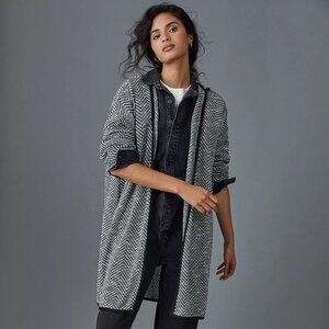 Anthropologie Maeve Bedford Black Herringbone Hooded Cardigan Sweater Size Small